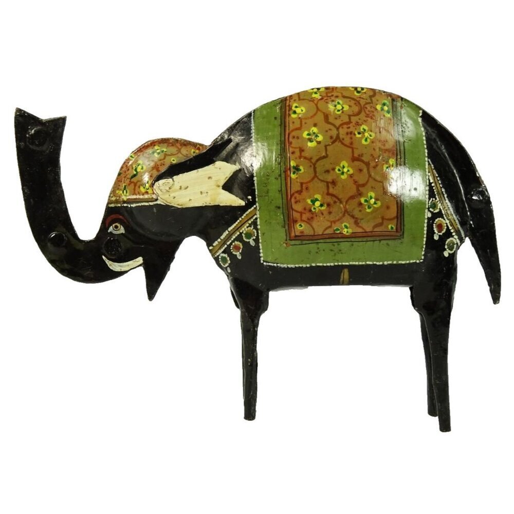 Good Luck Trunk Up Elephant Metal Black Sculpture Folk Art Style Hand Painted